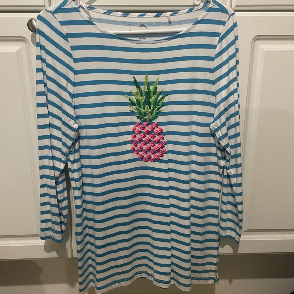 Women’s medium tee three quarter length sleeve, blue and white with pineapple.